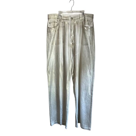 Zara Mid Waist Loose Gold Metallic Foil Wide Leg Jeans 5520/003 Size 12 - Picture 1 of 9